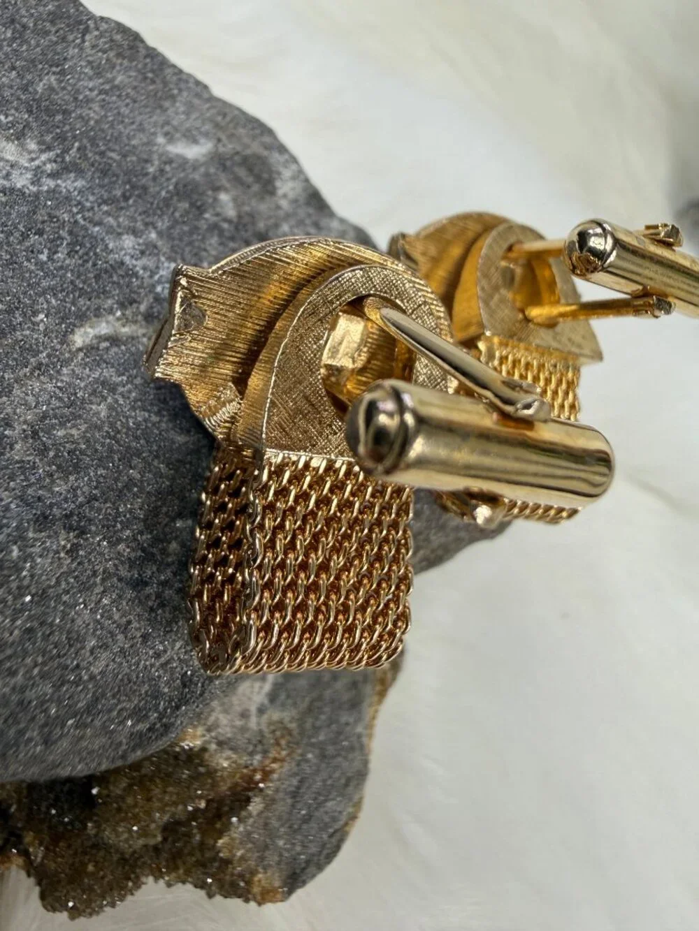 Vintage Unakite Stone Gold Tone Mesh Cuff Links Cufflinks MCM 1.25